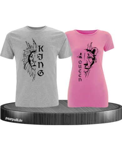 Lion King & Queen Pärchen T-Shirt grau rosa Lion King & Queen Pärchen T-Shirt grau rosa
