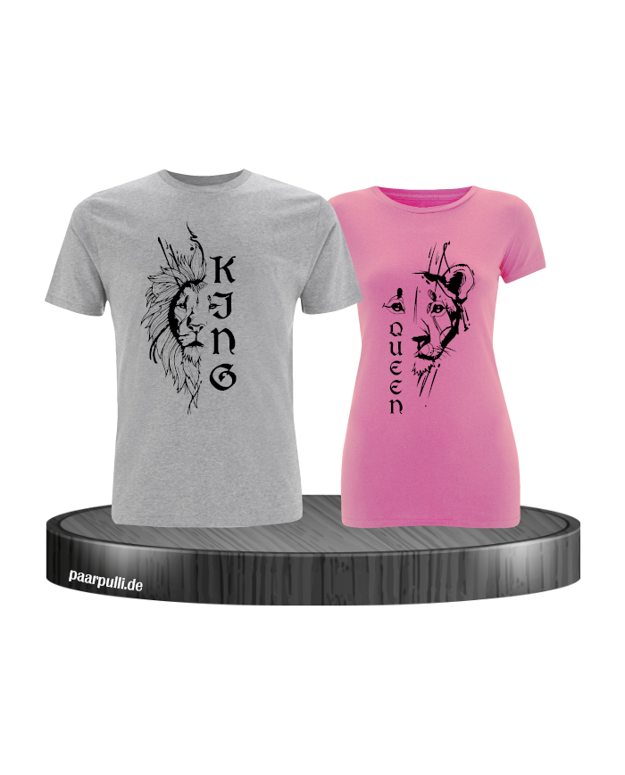Lion King & Queen Pärchen T-Shirt grau rosa