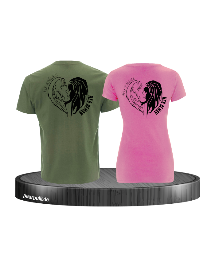 His Angel Her Demon Pärchen T-Shirt khaki rosa