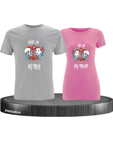 Trick or Treat Pärchen T-Shirt grau rosa Trick or Treat Pärchen T-Shirt grau rosa