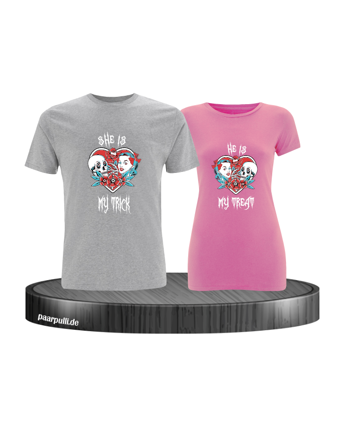 Trick or Treat Pärchen T-Shirt grau rosa