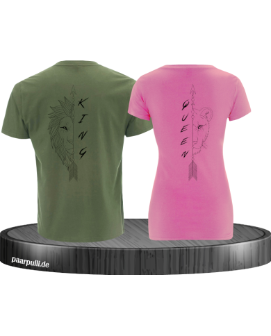 Lion King und Lion Queen Pärchen T-Shirt khaki rosa Lion King und Lion Queen Pärchen T-Shirt khaki rosa