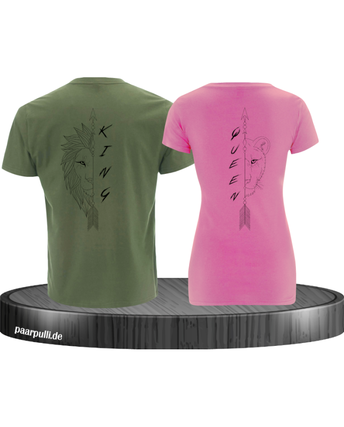 Lion King und Lion Queen Pärchen T-Shirt khaki rosa