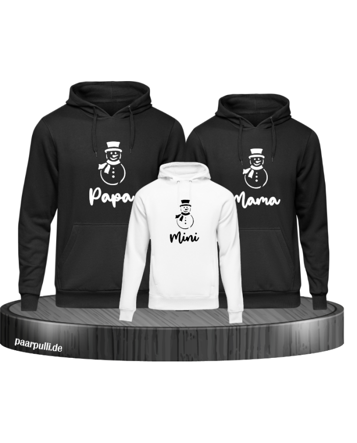 Schneemann Papa Mama und Mini 3er Familienlook Hoodies