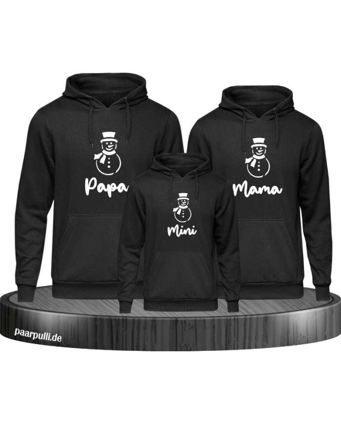 Schneemann Papa Mama und Mini Familien-Set Hoodies schwarz