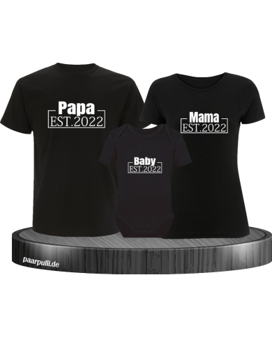 Papa, Mama und Baby mit Wunschjahr Familienlook mit Baby-Body Papa, Mama und Baby mit Wunschjahr Familienlook mit Baby-Body