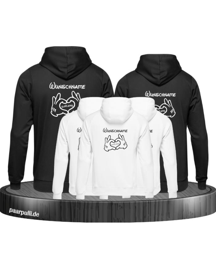 5er Hoodie Set bedruckt mit Comic Hand und Wunschname schwarz weiß