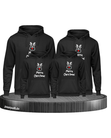 Merry Christmas mit süßem Rentier Gesicht 4er Hoodies in schwarz Merry Christmas mit süßem Rentier Gesicht 4er Hoodies in schwarz