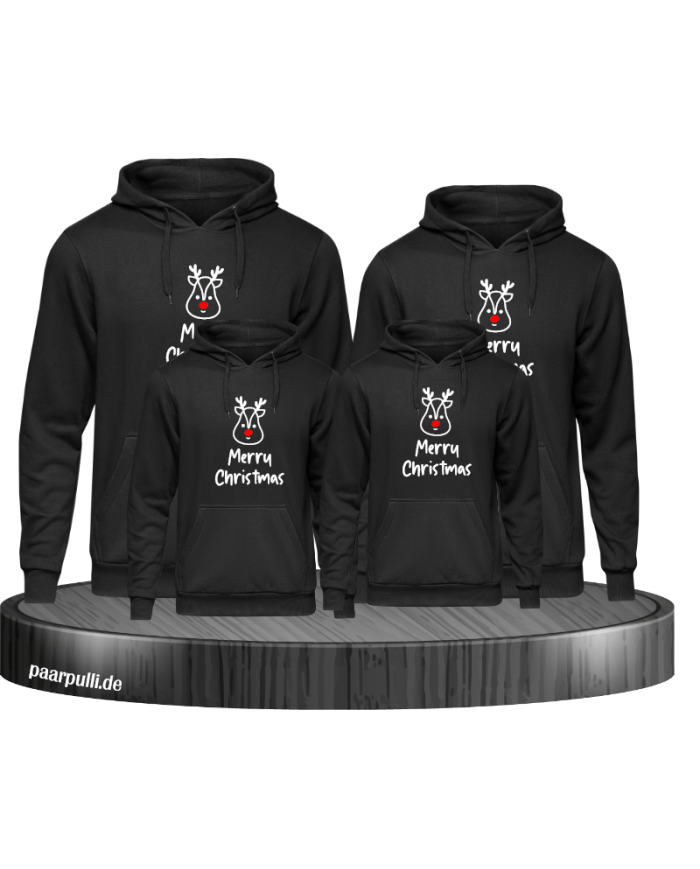 Merry Christmas mit süßem Rentier Gesicht 4er Hoodies in schwarz