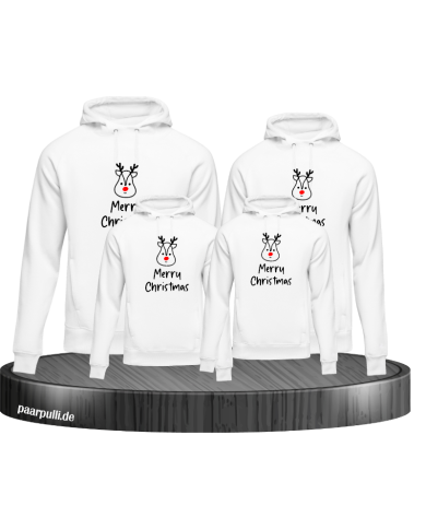 Merry Christmas mit süßem Rentier Gesicht 4er Hoodies in weiß Merry Christmas mit süßem Rentier Gesicht 4er Hoodies in weiß