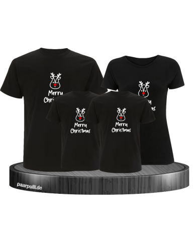 Merry Christmas mit süßem Rentier Gesicht 4er T-Shirts in schwarz Merry Christmas mit süßem Rentier Gesicht 4er T-Shirts in schwarz