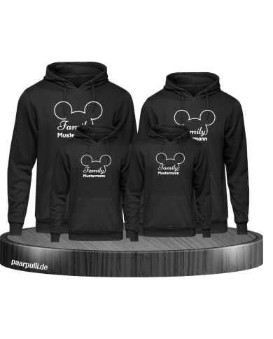 Familien-Set 4er Hoodies als Disney Design mit Wunschname in schwarz Familien-Set 4er Hoodies als Disney Design mit Wunschname in schwarz
