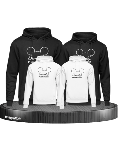Familien-Set 4er Hoodies als Disney Design mit Wunschname in schwarz weiß Familien-Set 4er Hoodies als Disney Design mit Wunschname in schwarz weiß