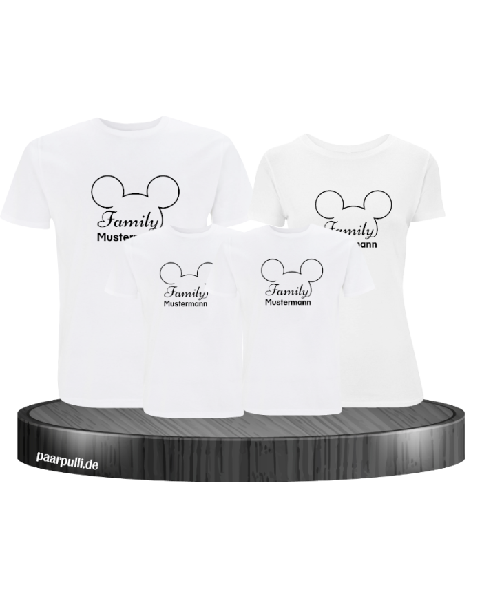 Familien-Set 4er T-Shirts als Comic Design mit Wunschname in  weiß