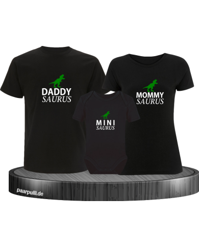 Daddy Saurus Mommy Saurus und Mini saurus familienlook mit baby body in schwarz Daddy Saurus Mommy Saurus und Mini saurus familienlook mit baby body in schwarz