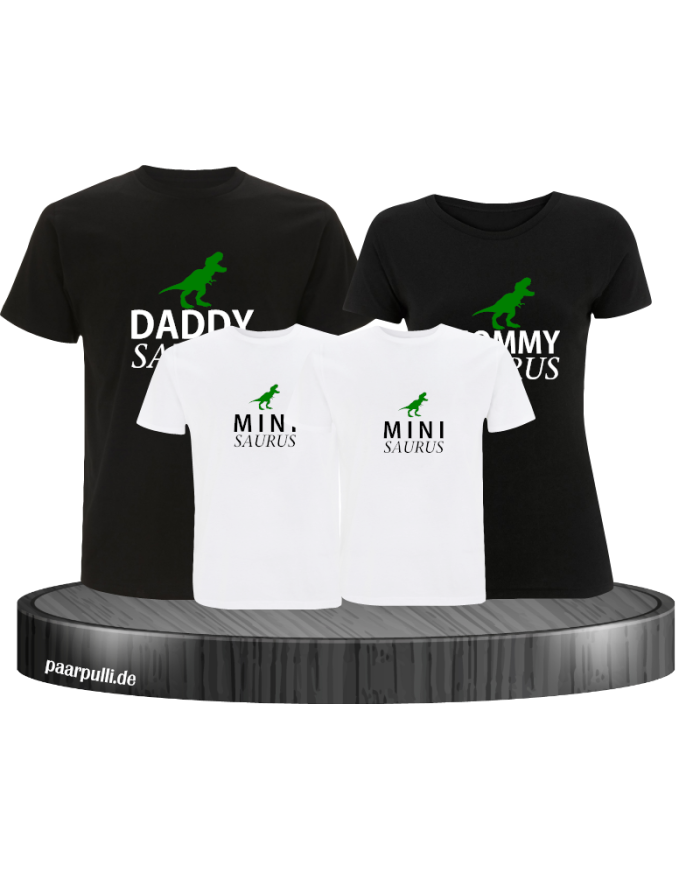 Daddy, Mommy und Mini Saurus als 4er Familien T-Shirt-Set in schwarz weiß
