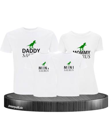 Daddy, Mommy und Mini Saurus als 4er Familien T-Shirt-Set in weiß Daddy, Mommy und Mini Saurus als 4er Familien T-Shirt-Set in weiß