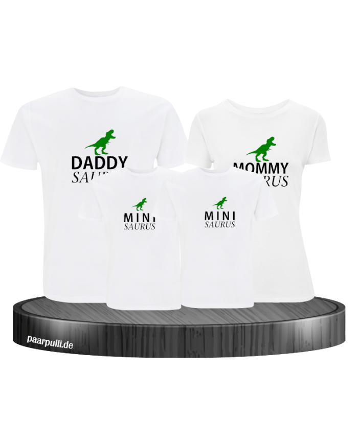 Daddy, Mommy und Mini Saurus als 4er Familien T-Shirt-Set in weiß