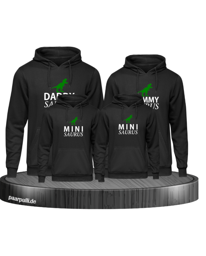 Dinosaurier Familienlook Hoodies mit Daddy Saurus, Mommy Saurus und Mini Saurus in schwarz