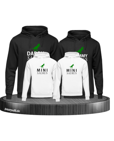Dinosaurier Familienlook Hoodies mit Daddy Saurus, Mommy Saurus und Mini Saurus in schwarz weiß Dinosaurier Familienlook Hoodies mit Daddy Saurus, Mommy Saurus und Mini Saurus in schwarz weiß