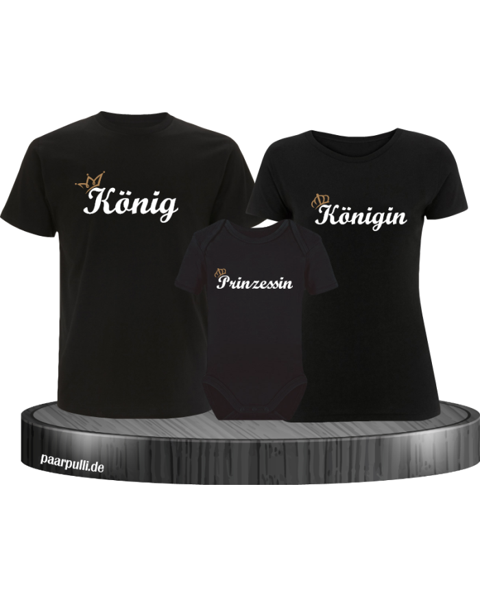 König und Königin und Prinzessin mit Krone Partnerlook TShirts in schwarz