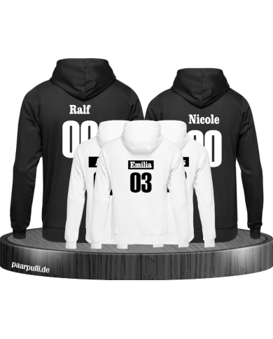 5 Schwarze Hoodies im Set mit Wunschname und Wunschzahl 5 Schwarze Hoodies im Set mit Wunschname und Wunschzahl