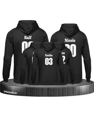 5 Schwarze Hoodies im Set mit Wunschname und Wunschzahl 5 Schwarze Hoodies im Set mit Wunschname und Wunschzahl