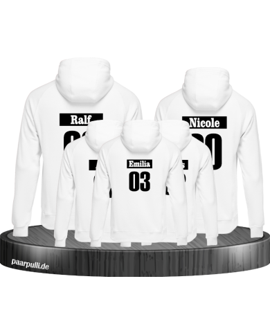 5 Schwarze Hoodies im Set mit Wunschname und Wunschzahl 5 Schwarze Hoodies im Set mit Wunschname und Wunschzahl