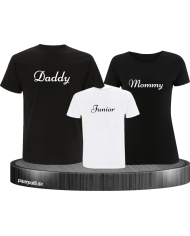 Familien T-Shirt Set mit Daddy Mommy und Junior in Schwarz Weiss