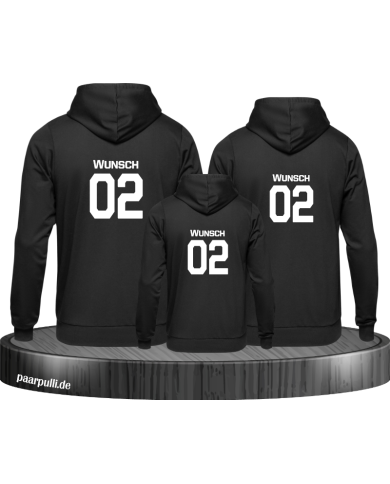 Familien Hoodies bedruckt mit Wunschnamen und Wunschzahl in schwarz Familien Hoodies bedruckt mit Wunschnamen und Wunschzahl in schwarz