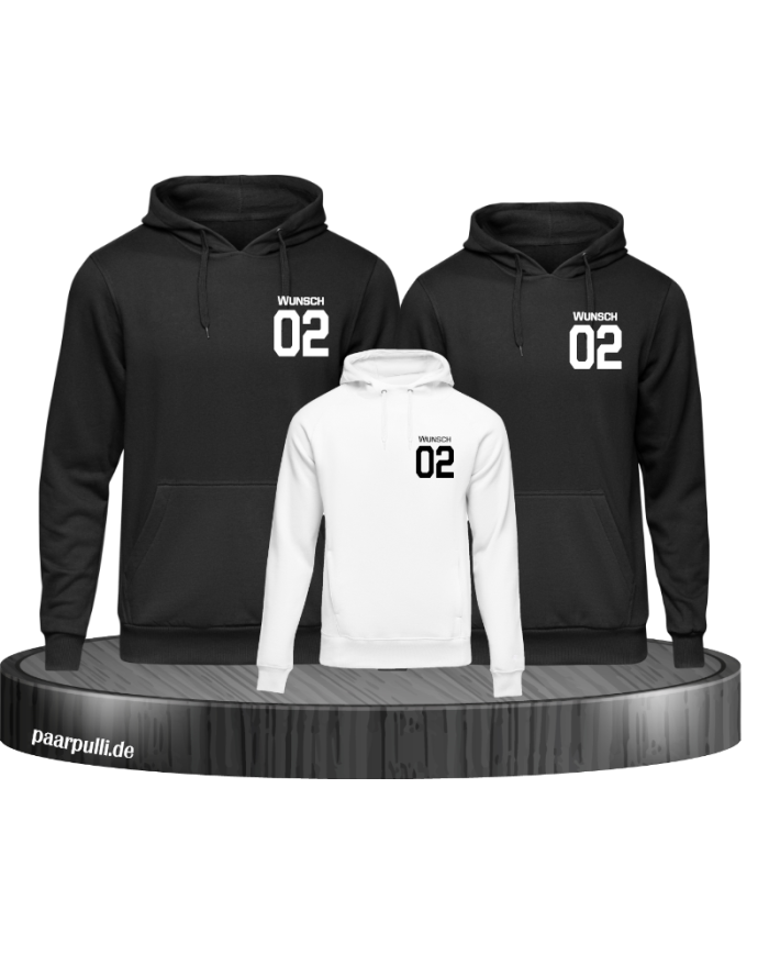 Familien Hoodies bedruckt mit Wunschnamen und Wunschzahl in schwarz weiß