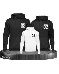 Familien Hoodies bedruckt mit Wunschnamen und Wunschzahl in schwarz weiß