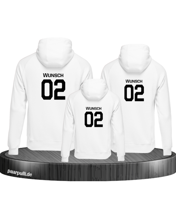 Familien Hoodies bedruckt mit Wunschnamen und Wunschzahl in weiß