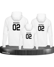 Familien Hoodies bedruckt mit Wunschnamen und Wunschzahl in weiß