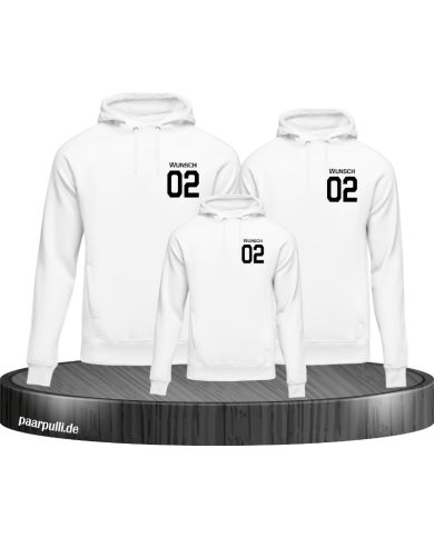 Familien Hoodies bedruckt mit Wunschnamen und Wunschzahl in weiß Familien Hoodies bedruckt mit Wunschnamen und Wunschzahl in weiß