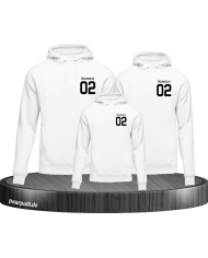 Familien Hoodies bedruckt mit Wunschnamen und Wunschzahl in weiß