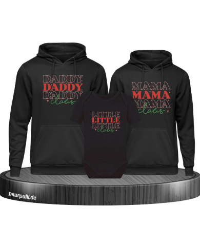 Daddy Claus, Mama Claus, Little Claus 3er Familienlook Hoodies mit Baby Body Daddy Claus, Mama Claus, Little Claus 3er Familienlook Hoodies mit Baby Body
