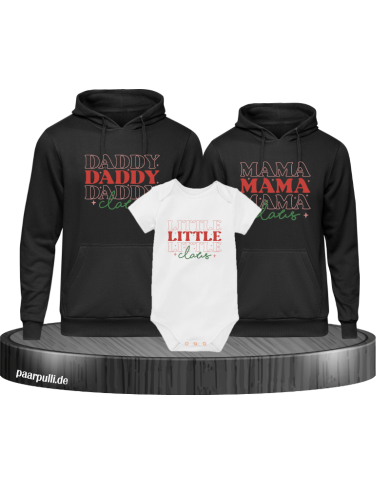 Daddy Claus, Mama Claus, Little Claus 3er Familienlook Hoodies mit Baby Body Daddy Claus, Mama Claus, Little Claus 3er Familienlook Hoodies mit Baby Body