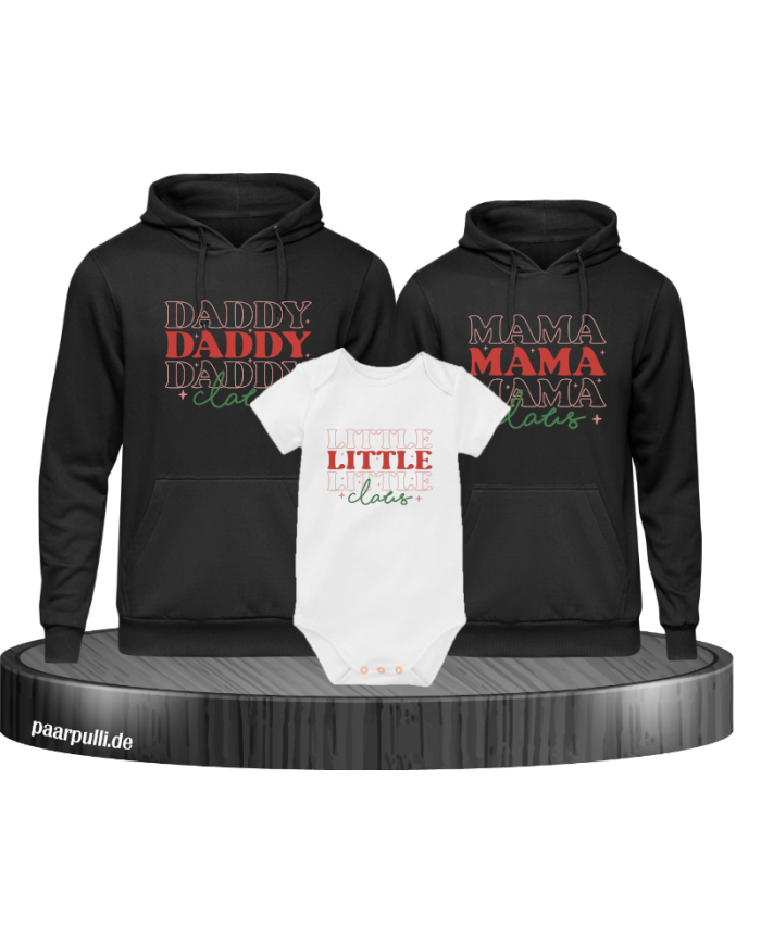 Daddy Claus, Mama Claus, Little Claus 3er Familienlook Hoodies mit Baby Body