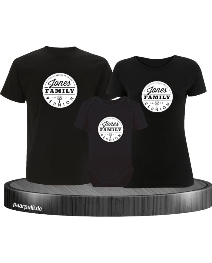 Family Reunion mit Wunschname und Wunschzahl 3er Familienset T-Shirts mit  Babybody