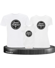 Family Reunion mit Wunschname und Wunschzahl 3er Familienset T-Shirts mit  Babybody