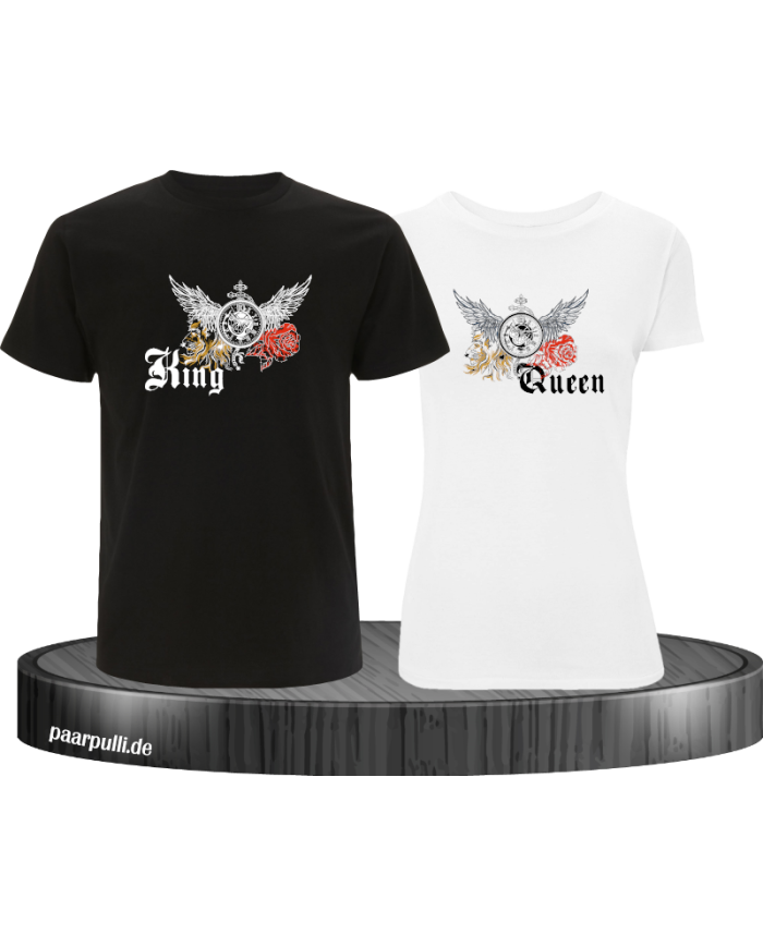 King and Queen mit Rose und Löwe T-Shirt