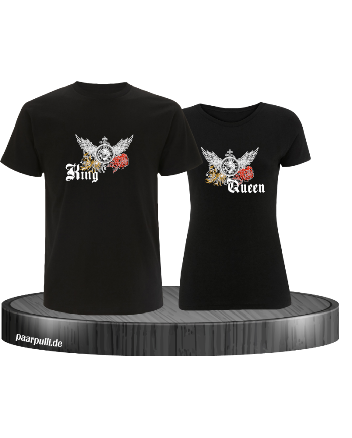 King and Queen mit Rose und Löwe T-Shirt