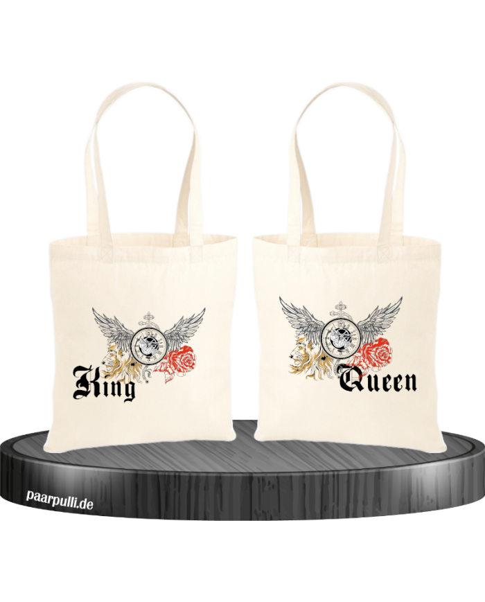 King and Queen mit Rose und Löwe Jutebeutel Set