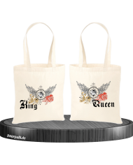 King and Queen mit Rose und Löwe Jutebeutel Set