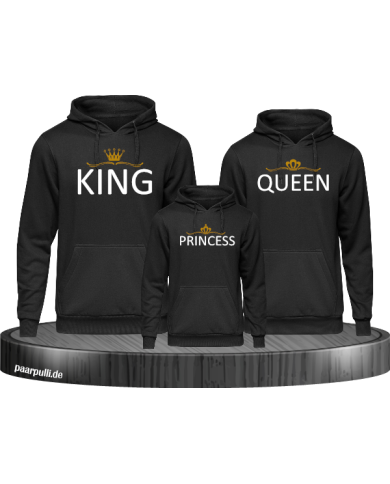 Bedruckte Hoodies für Familien mit King Queen Princess in schwarz