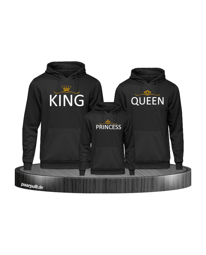 Bedruckte Hoodies für Familien mit King Queen Princess in schwarz