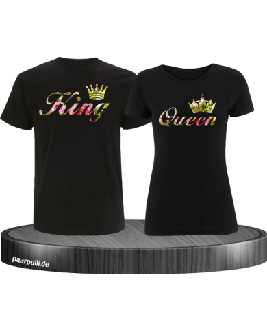 King Queen Blumenmuster T Shirt Set in schwarz