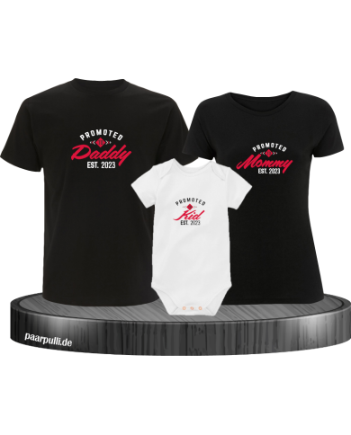 Promoted to Family Wunschjahr 3er Familienset T-Shirts mit  Babybody Promoted to Family Wunschjahr 3er Familienset T-Shirts mit  Babybody