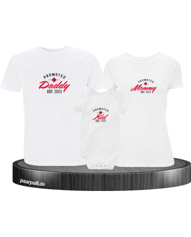 Promoted to Family Wunschjahr 3er Familienset T-Shirts mit  Babybody Promoted to Family Wunschjahr 3er Familienset T-Shirts mit  Babybody